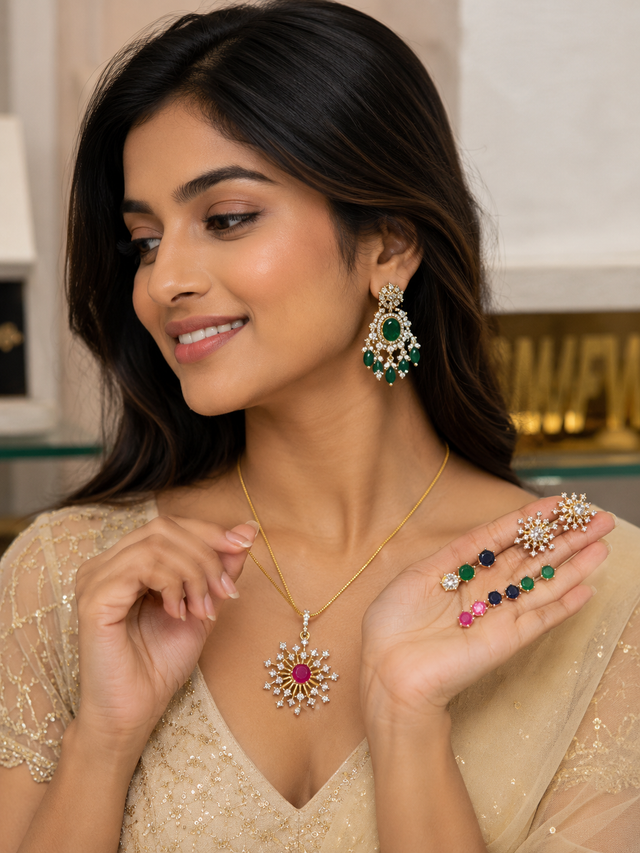 Premium diamond finish stone changeable pendant and earrings set of 4 colour stones with 8pidi chain product code CP4